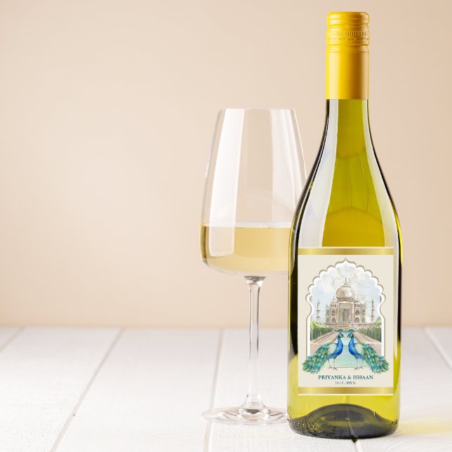 Indian Peacock Gold Taj Mahal Ästhetische Hochzeit Weinetikett (Indian Wedding Gold Peacock Taj Mahal Custom Wine Label)