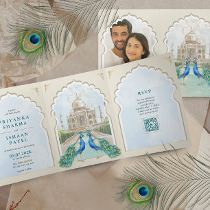 Indian Peacock Taj Mahal Arch QR Wedding Dreifach Gefaltete Einladung