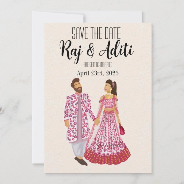 Indian Pink Wedding Illustriert Couple Save The Date (Vorderseite)