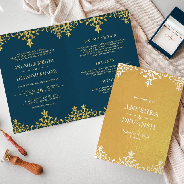 Indian Style Blue Gold Damask Einladung (Von Creator hochgeladen)