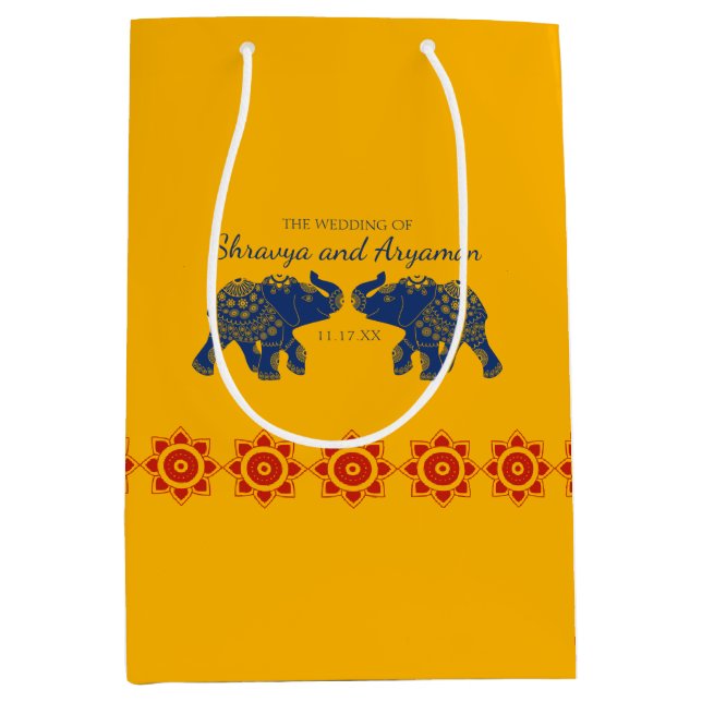 Indian Themed Elefanten bei Royal Blue Wedding Mittlere Geschenktüte (Vorderseite)