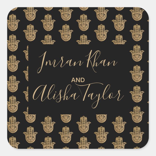 Indian Wedding Gold hamsa Henna Ankündigung Quadratischer Aufkleber (Vorderseite)