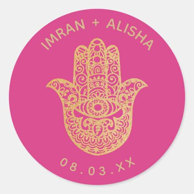 Indian Wedding Gold Pink hamsa Henna Runder Aufkleber (Vorderseite)