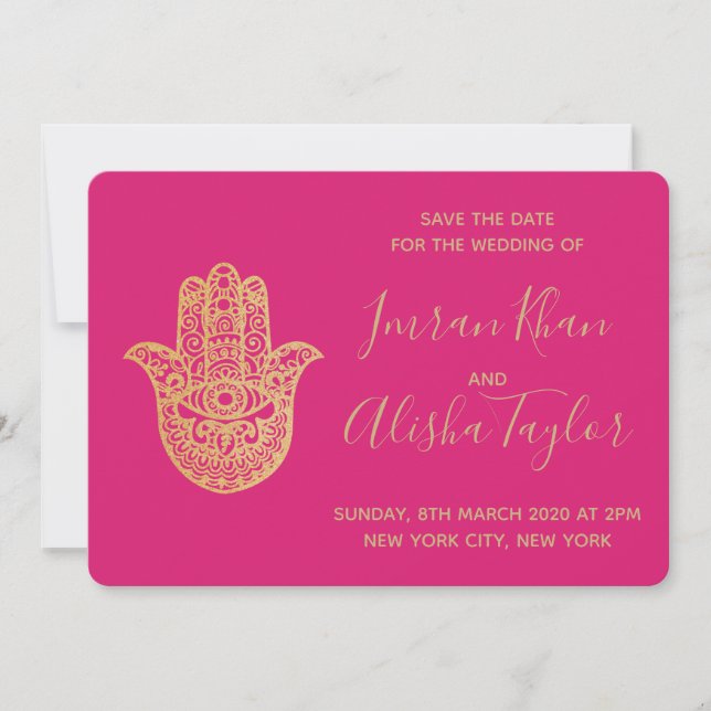 Indian Wedding Save the date Gold hamsa Henna (Vorderseite)