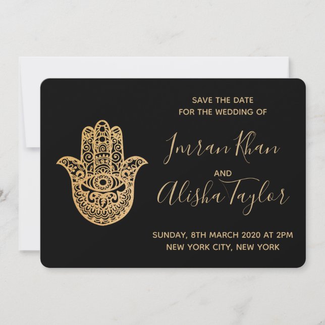 Indian Wedding Save the date Gold hamsa Henna (Vorderseite)