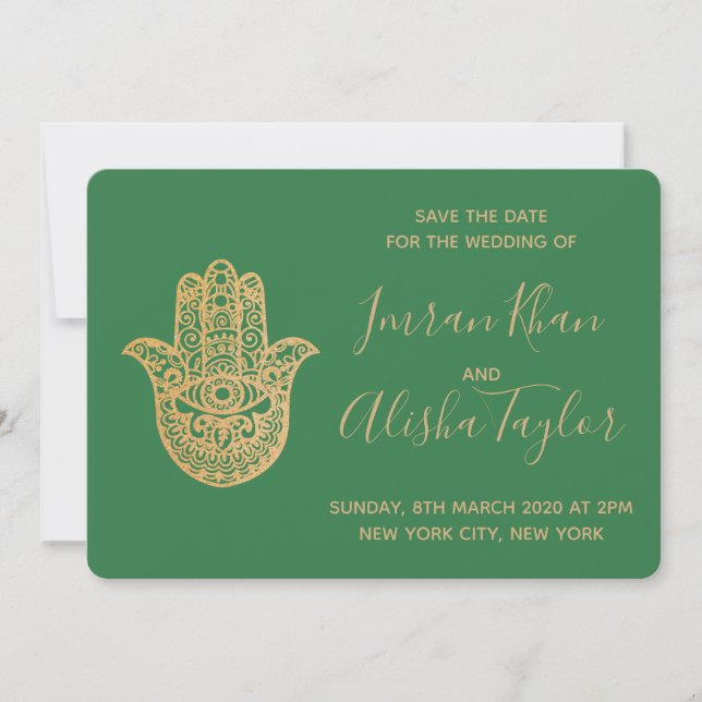 Indian Wedding Save the date Gold hamsa Henna (Vorderseite)