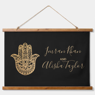 Indian Wedding Save the date Gold hamsa Henna Wandteppich Mit Holzrahmen