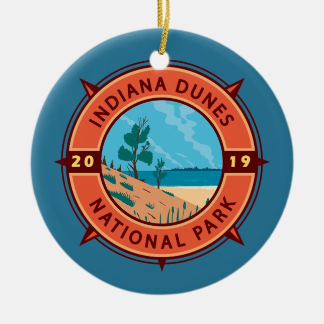 Indiana Dunes Nationalpark Retro Kompass Emblem Keramik Ornament (Vorne)