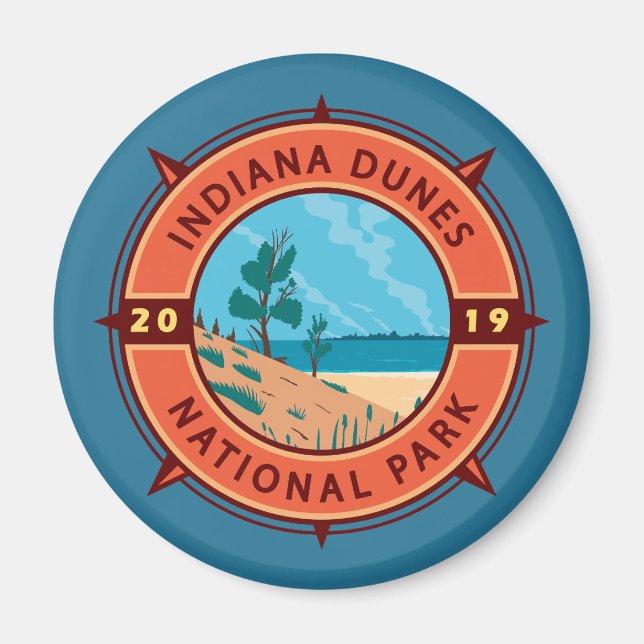 Indiana Dunes Nationalpark Retro Kompass Emblem Magnet (Vorne)
