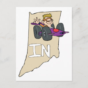 Indiana IN Map mit lustigem Indy Race Car Cartoon Postkarte