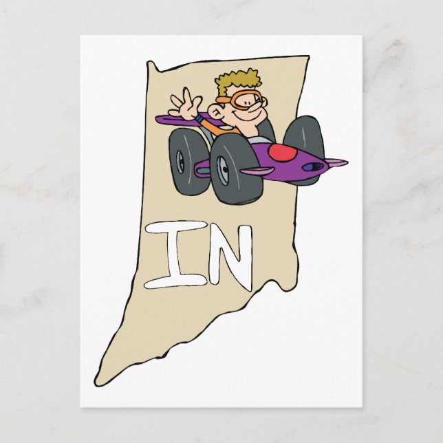 Indiana IN Map mit lustigem Indy Race Car Cartoon Postkarte (Vorderseite)
