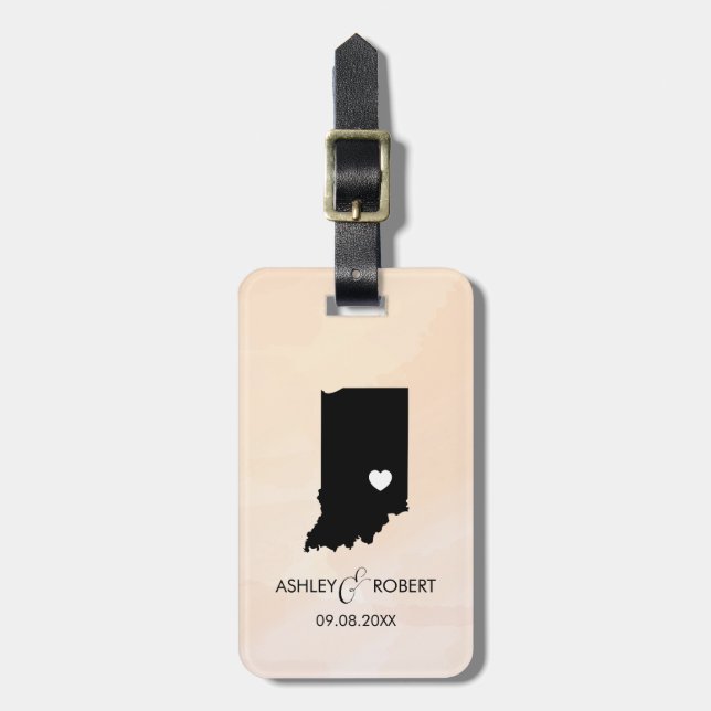 Indiana Map Wedding Luggage Tag, Couple's Name Gepäckanhänger (Vorderseite vertikal)