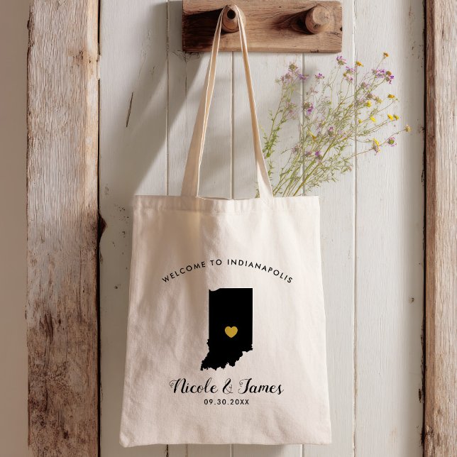 Indiana Map Wedding Welcome Bag Tote Black, Gold Tragetasche (Von Creator hochgeladen)