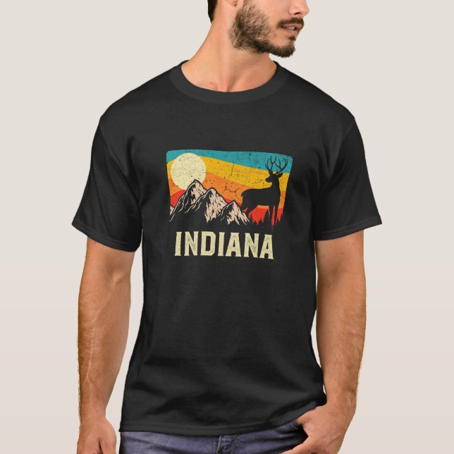 Indiana Nature Wild Deer Retro Sunset Wandern T-Shirt (Vorderseite)