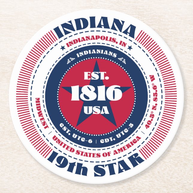 Indiana Red White Blue Typografie Runder Pappuntersetzer (Vorderseite)