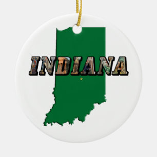 Indiana Staat Map Green Kontur & Foto Text Keramikornament