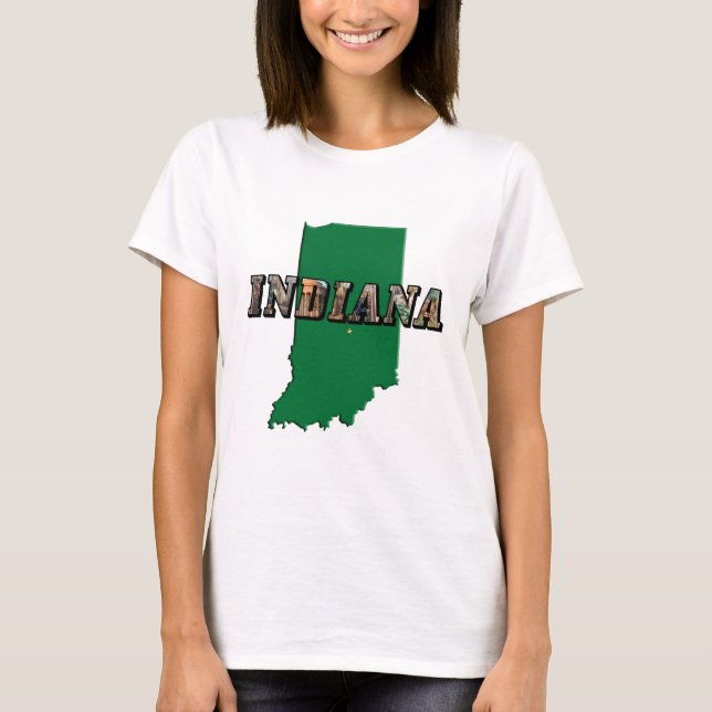 Indiana Staat Map Green Kontur & Foto Text T-Shirt (Vorderseite)