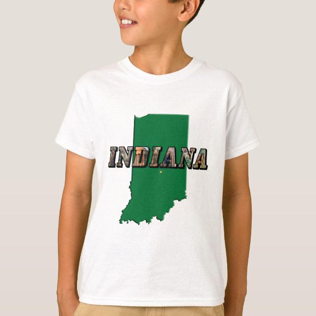 Indiana Staat Map Green Kontur & Foto Text T-Shirt (Vorderseite)