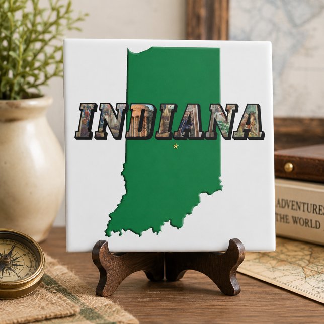 Indiana Staat Map Text Fliese (Indiana State Map Green Outline & Photo Text Tile)