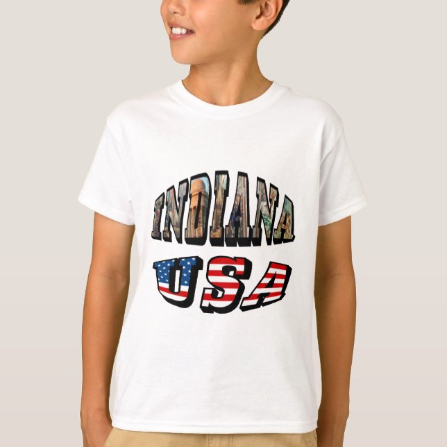 Indiana USA Flag & Staat Foto Text T-Shirt (Vorderseite)