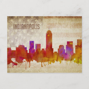 Indianapolis, IN   Wasserfarbe Stadt Skyline Postkarte