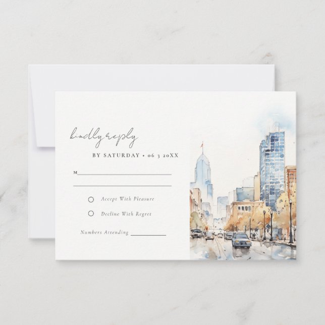Indianapolis Indiana Landscape Watercolor Wedding RSVP Karte (Vorderseite)