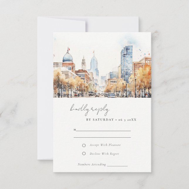 Indianapolis Indiana Landscape Watercolor Wedding RSVP Karte (Vorderseite)