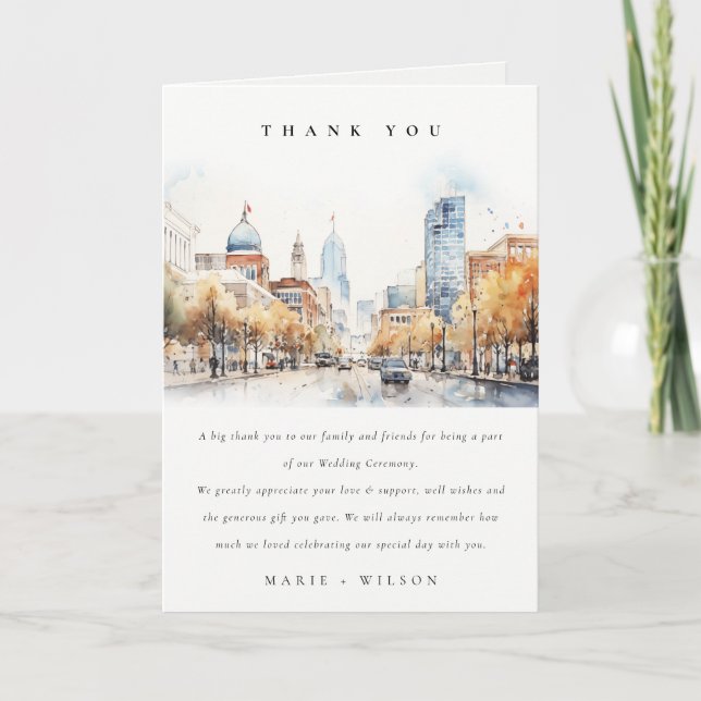 Indianapolis, Indiana Watercolor Landscape Wedding Dankeskarte (Vorderseite)