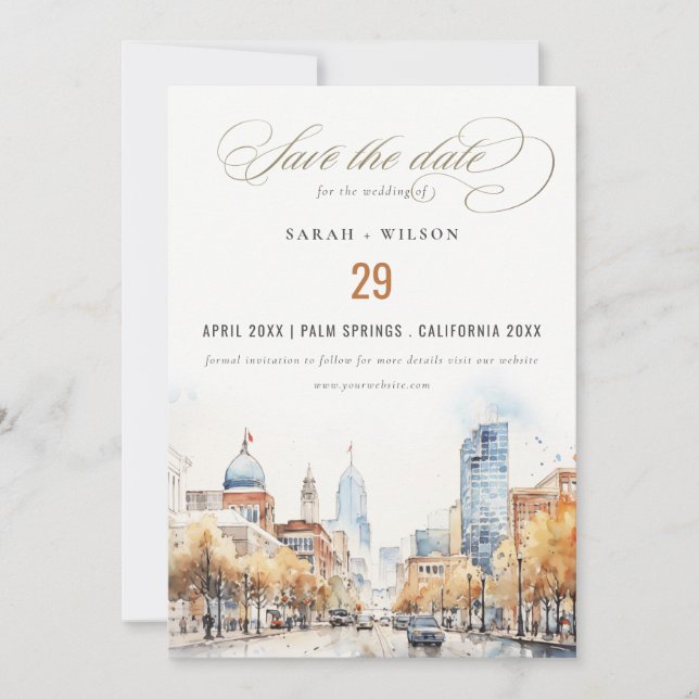 Indianapolis, Indiana Watercolor Landscape Wedding Save The Date (Vorderseite)