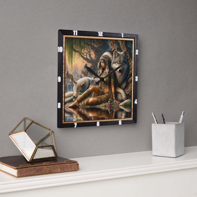 Indianerberuf: Waldbodenträume Abend Quadratische Wanduhr (Büro)