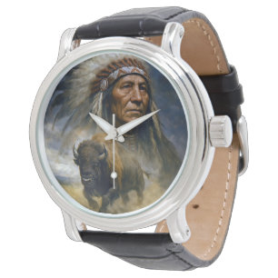 Indianerhäuptling mit anstürmendem Büffel Armbanduhr