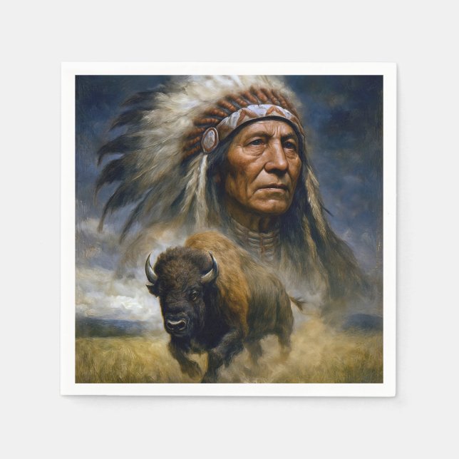 Indianerhäuptling mit anstürmendem Büffel Serviette (Vorderseite)