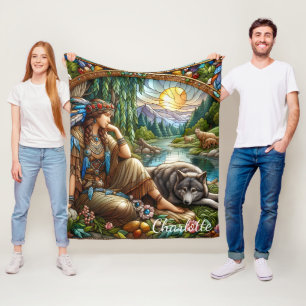 Indianerin, die friedlich mit einem Wolf Erholunge Fleecedecke