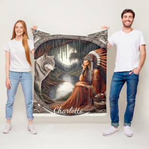 Indianerin mit einem Wolf am Fluss Fleecedecke