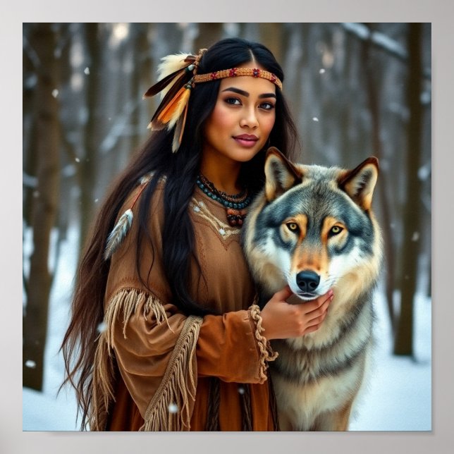 Indianerin mit ihrem Wolf Poster (Vorne)