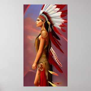 Indianerin rot weiße Federn Gold Poster