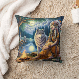 'Indianerin und Wolf am See' Kissen