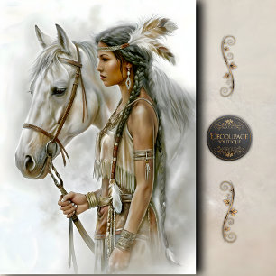 Indianerin & Weißes Pferd Découpage Seidenpapier