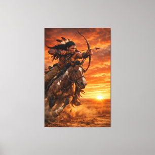 Indianerkrieger galoppierendes Pferd bei Sonnenunt Leinwanddruck
