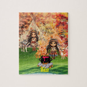 Indianermädchen mit Waldtieren Puzzle