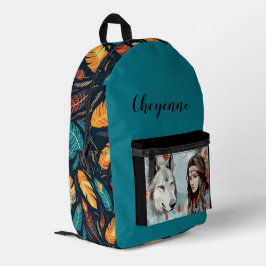 Indianerprinzessin, Wolf, Feathers Bedruckter Rucksack