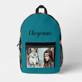 Indianerprinzessin, Wolf, Feathers Bedruckter Rucksack