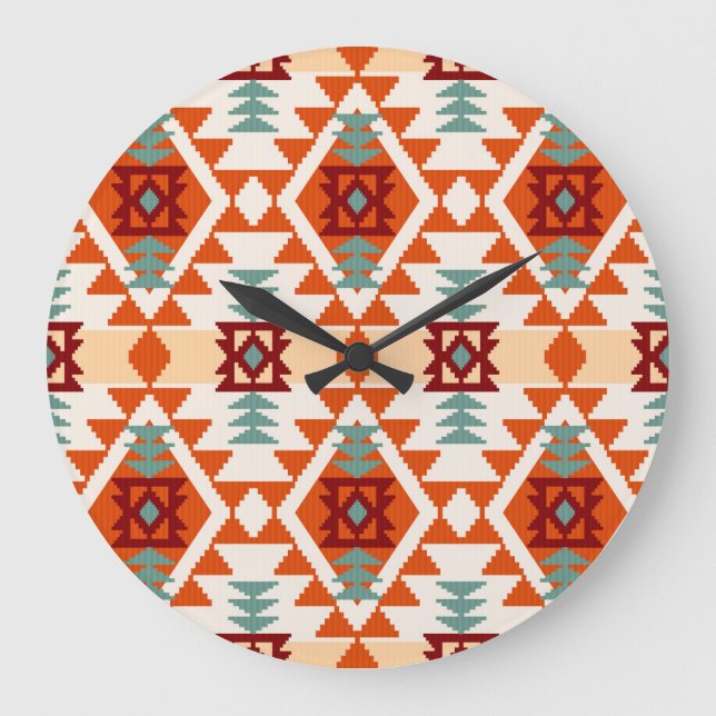 Indianerstil Geometrie nahtlos Große Wanduhr (Vorderseite)