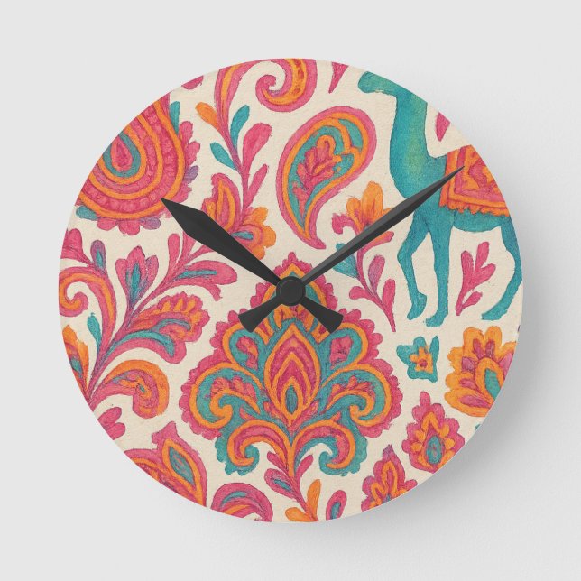 indianisch-böhmische Sinti und Roma-Stil Aquarell Runde Wanduhr (Vorderseite)
