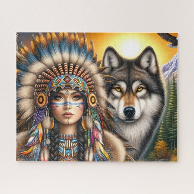Indianische Frau mit Wolf Puzzle (Horizontal)