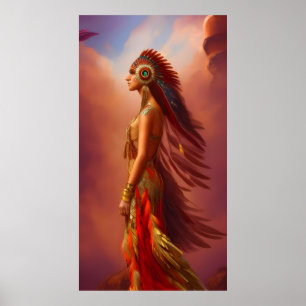 Indianische Frau rot goldenes Kleid Feder 2 Poster