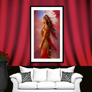 Indianische Frau rote goldene Federn blau Poster
