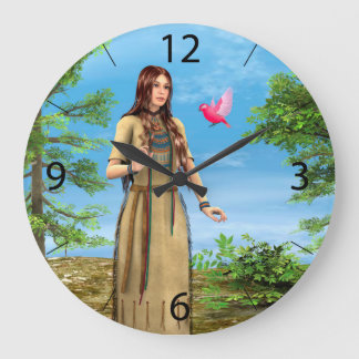 Indianische Frau Waldvogel Kunst Große Wanduhr
