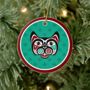 Indianische Rot Schwarz Grün Haida Kunst Katze Keramik Ornament