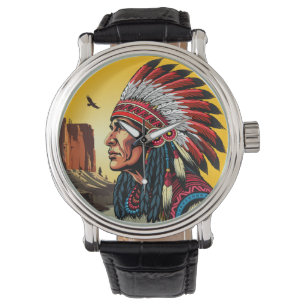 Indianischer Chef der wilden Landschaft Sunset Armbanduhr